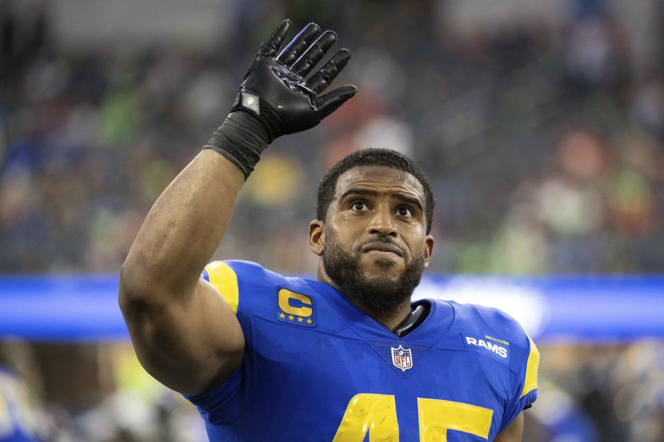 FILE -Los Angeles Rams linebacker Bobby Wagner (45) waves towards the stands during an NFL football game against the Denver Broncos, Sunday, Dec. 25, 2022, in Inglewood, Calif. Linebacker Bobby Wagner is leaving with the Los Angeles Rams after just one season, a person familiar with the decision said Thursday, Feb. 23, 2023. The person spoke to The Associated Press on condition of anonymity because Wagner’s release won’t be official until after the start of the new league year next month. (AP Photo/Kyusung Gong, File)