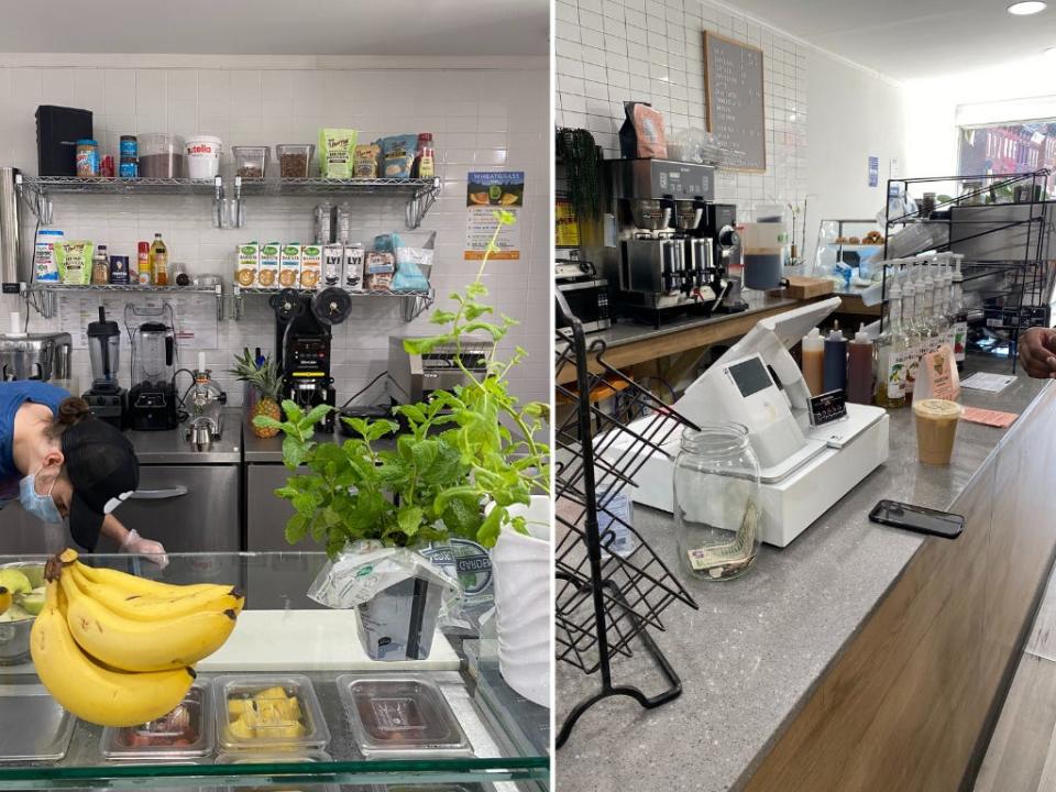 Side by side photos of a smoothie shop
