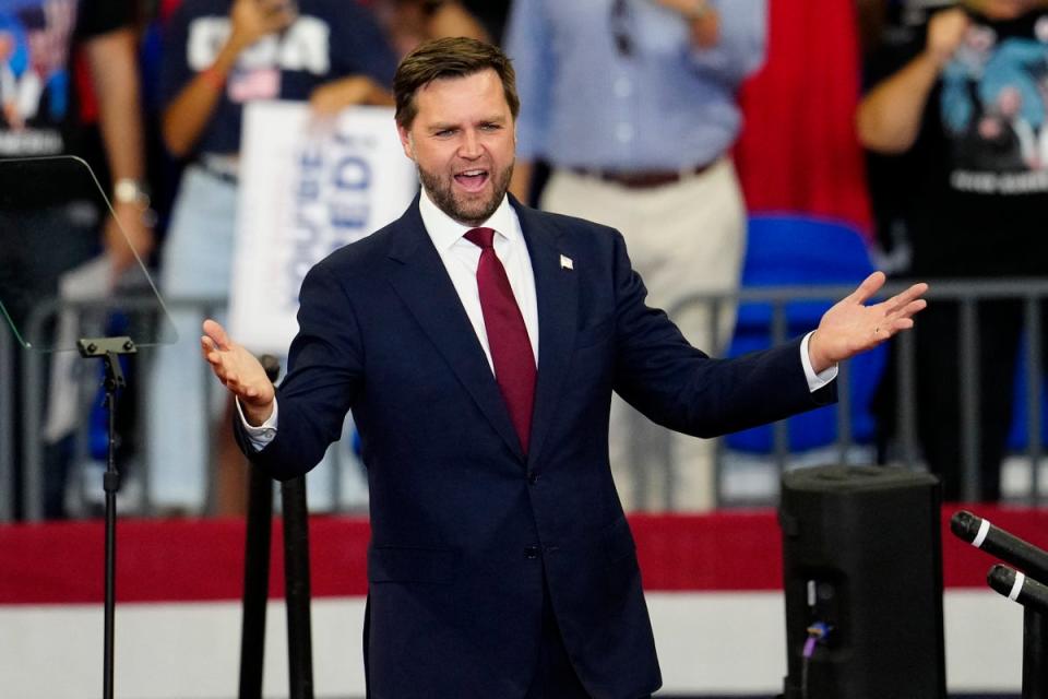 J.D. Vance at a campaign rally in Atlanta on Aug. 3. His latest financial disclosures reveal an eclectic array of investments, including a right-wing streaming service, a controversial biotech company and a popular Catholic prayer app. (AP)