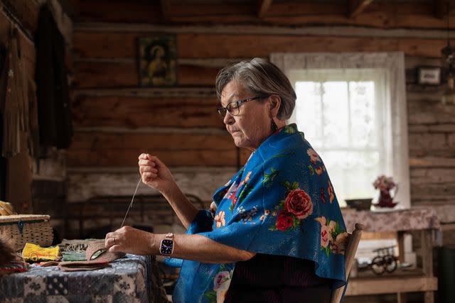 <p>Amber Bracken</p> Knowledge-holder Lilyrose Meyers demonstrates Métis embroidery.