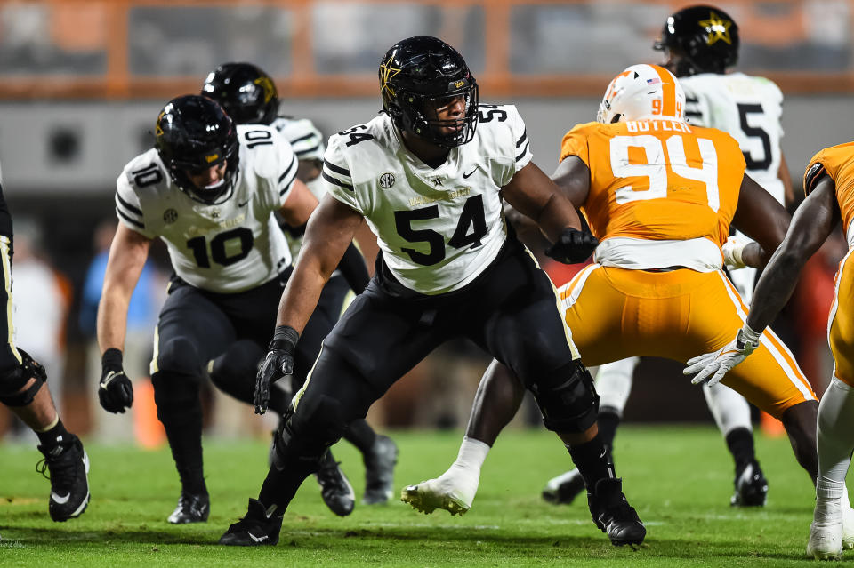 Nov 27, 2021; Knoxville, Tennessee; Vanderbilt Commodores offensive lineman Tyler Steen (54) blocks during the second half against the Tennessee Volunteers at Neyland Stadium. Bryan Lynn-USA TODAY Sports