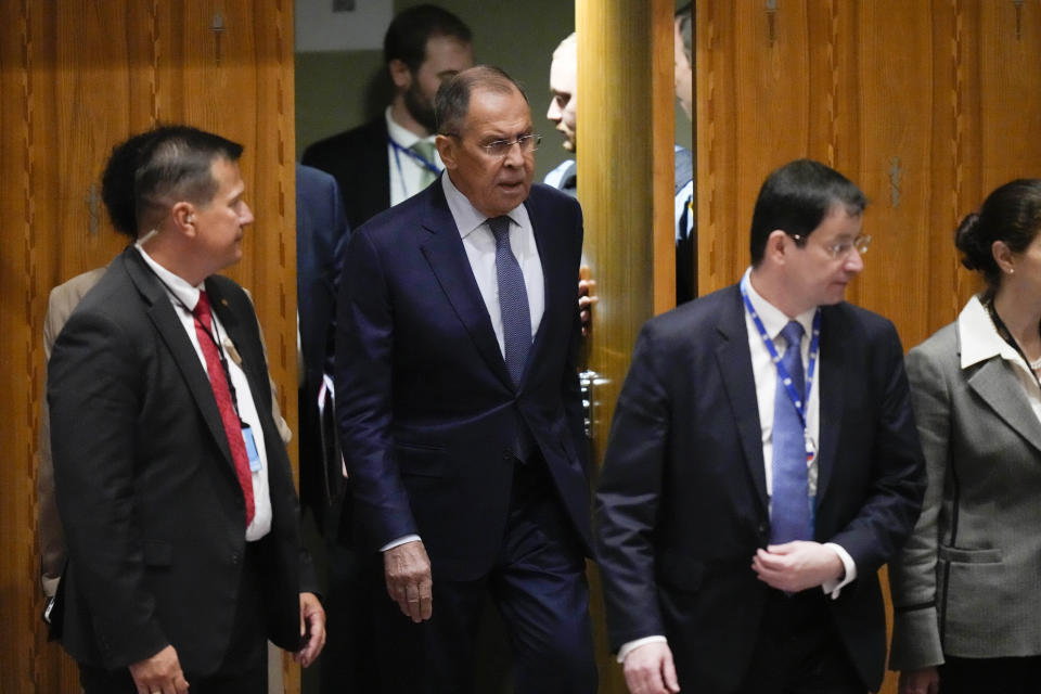 Russian Foreign Minister Sergey Lavrov arrives for a high level Security Council meeting on the situation in Ukraine, Wednesday, Sept. 20, 2023, at United Nations headquarters. (AP Photo/Mary Altaffer)