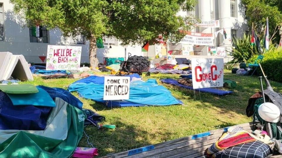 <div>UC Berkeley campus signs at a Pro-Palestinian encampment.</div>