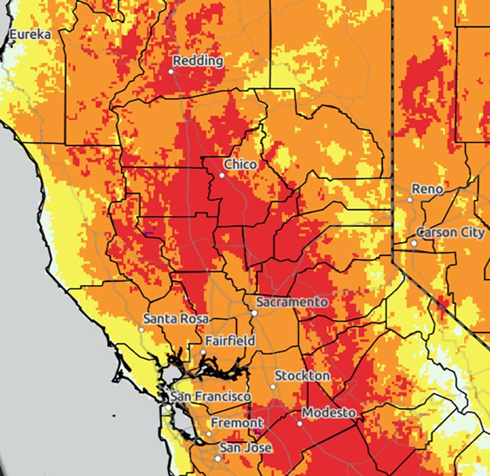 National Weather Service heat risk map for Friday, June 30 to Sunday, July 2, 2023: Red areas indicate "major" heat, levels considered dangerous to anyone if exposed for long. Daily high temperatures will range from 106 to 109 degrees, the weather service said.