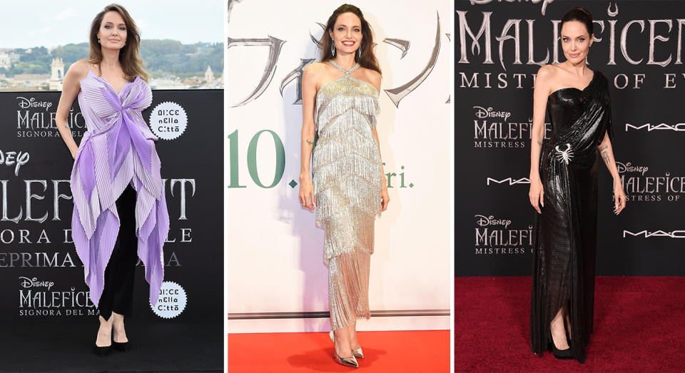 Angelina Jolie in Rome (left), Tokyo (middle) and LA (right) celebrating various 'Maleficent' premieres [Photos: Getty]