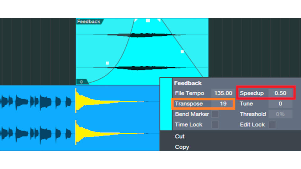 Fig. 2: Copying a note’s decay, then extending, transposing, offsetting and fading in the  copied clip, can produce an effect like feedback.