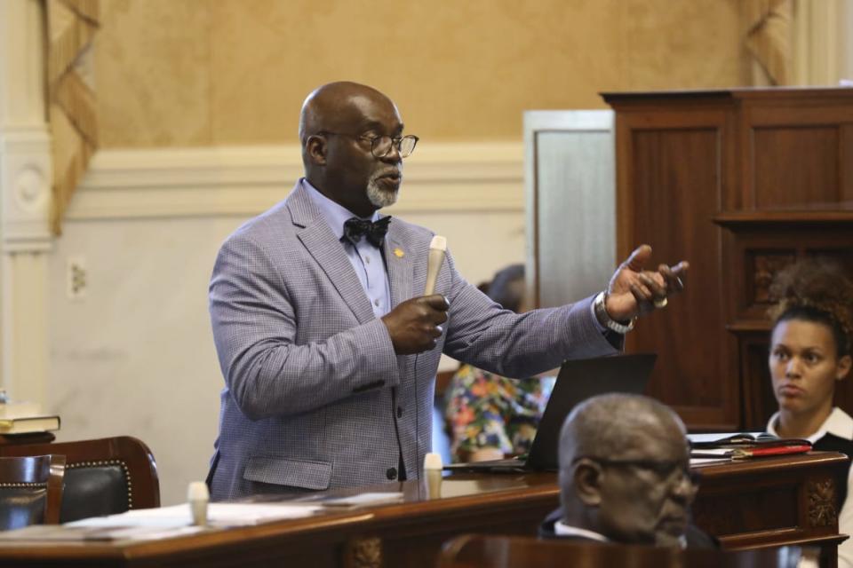 South Carolina Sen. Vernon Stephens, (D-Bowman), waits to ask a question about a bill detailing how certain topics are taught and how parents can file complaints in state schools on Tuesday, May 2, 2023, in Columbia, S.C. (AP Photo/Jeffrey Collins)