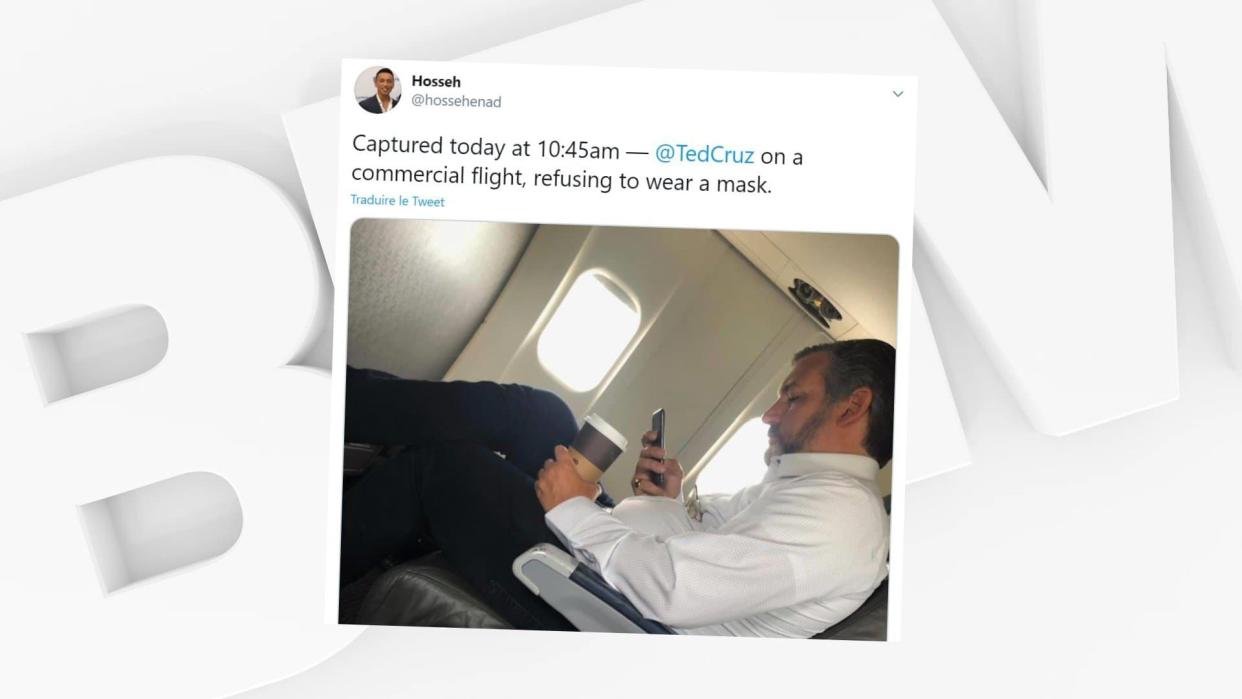 Le sénateur Ted Cruz photographié sans masque dans un avion par un utilisateur de Twitter, en juillet 2020. - Hossehenad / Twitter