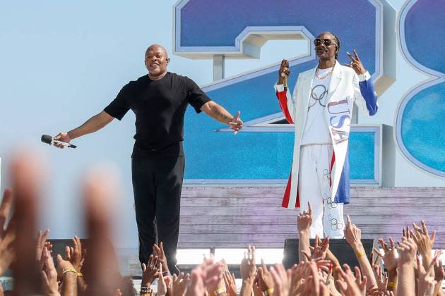 Dr. Dre and Snoop Dogg perform at the LA28 Olympic Games Handover Celebration on Aug. 11, 2024. - Credit: Kevin Mazur/Getty Images for LA28