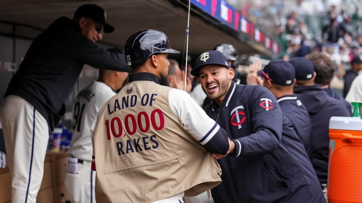 <div>Byron Buxton #25 of the Minnesota Twins celebrates with Pablo Lopez #49 after hitting a home run against the Kansas City Royals on April 30, 2023 at Target Field in Minneapolis, Minnesota.</div> <strong>((Photo by Brace Hemmelgarn/Minnesota Twins/Getty Images))</strong>
