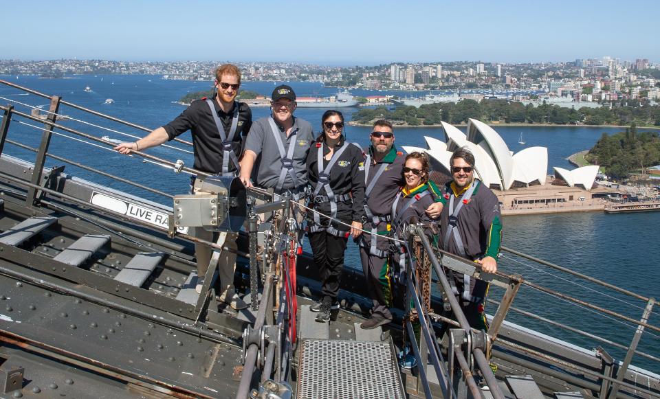 Harry, 34, was accompanied by Prime Minister Scott Morrison and <span>some Invictus Games competitors to climb the bridge. </span>Source: Getty