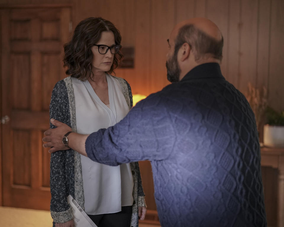 This image released by Freeform shows Ally Sheedy, left, and Ian Gomez in a scene from "Single Drunk Female." (Danny Delgado/Freeform via AP)