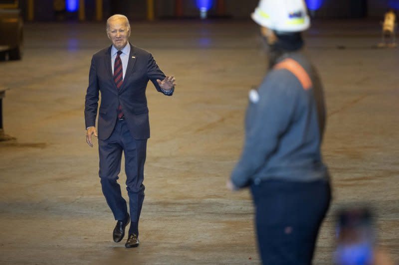 President Joe Biden greets shipyard workers in Philadelphia on Thursday. Reminding the audience that his administration had set a goal of producing 30 gigawatts of offshore energy wind by 2030, Biden said construction is underway on several similar clean-energy projects off the East Coast. Photo by Laurence Kesterson/UPI