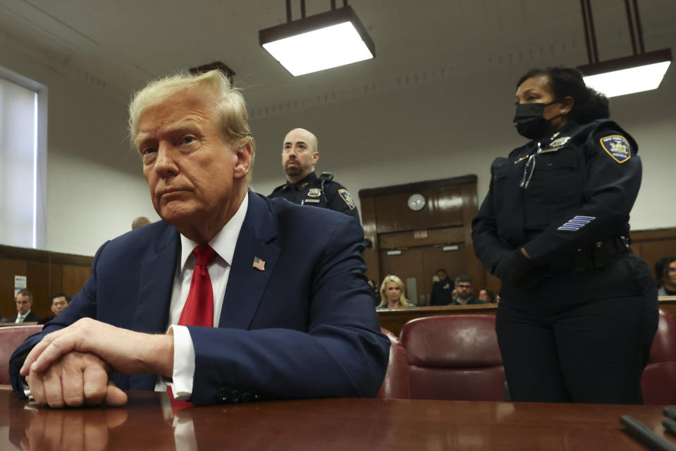 Republican presidential candidate and former President Donald Trump sits in Manhattan state court in New York, Monday, April 23, 2024. (Brendan McDermid/Pool Photo via AP)