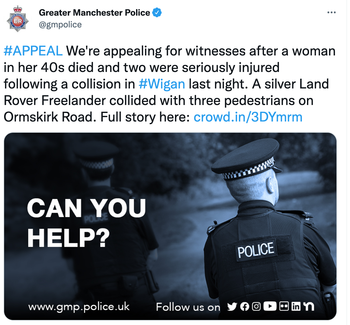 Greater Manchester Police is appealing for witnesses to the crash. (Twitter/Greater Manchester Police)