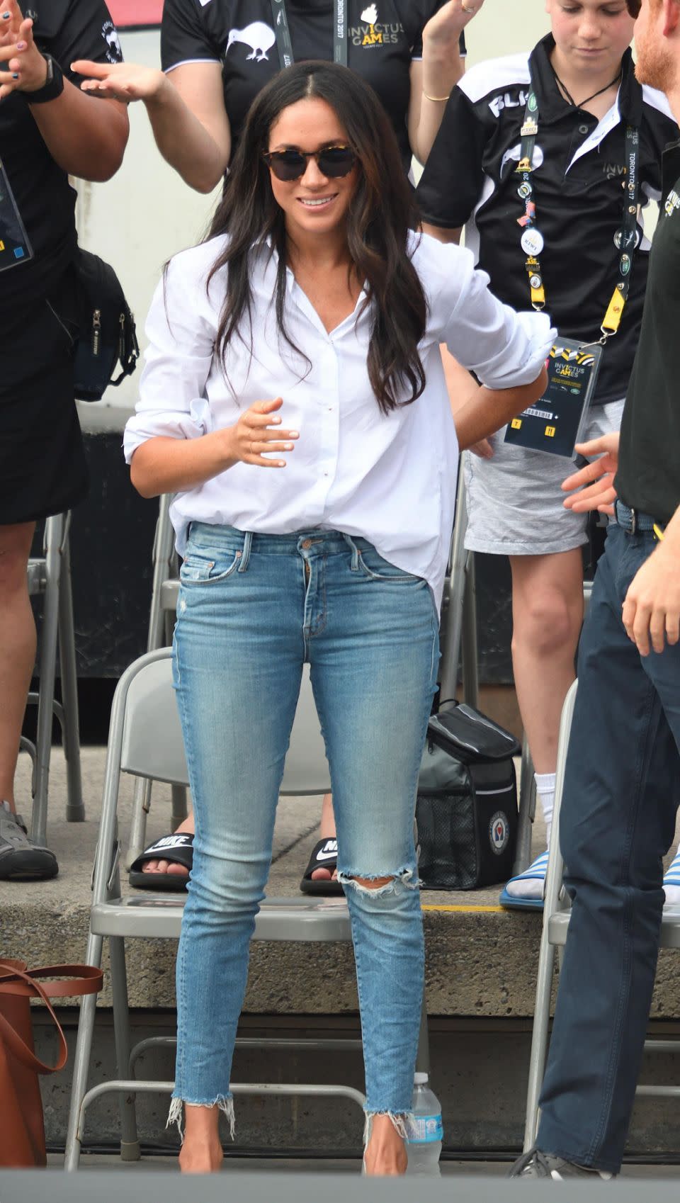 Meghan's simple white shirt had a very interesting message. Photo: Getty