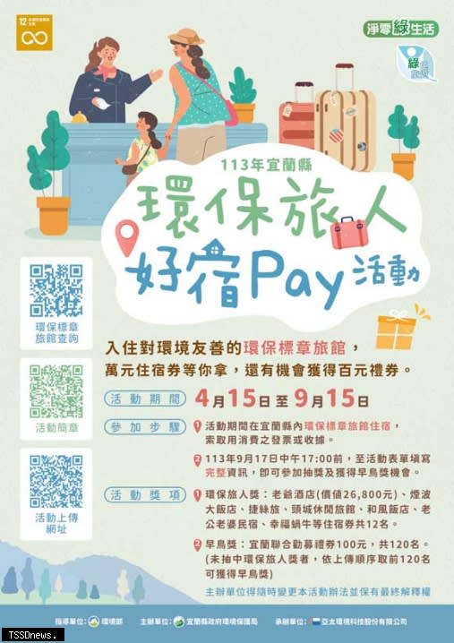 「環保旅人好宿Pay」旅宿選標章，旅遊還可抽好康，宣傳海報。（圖：宜蘭縣環保局提供）