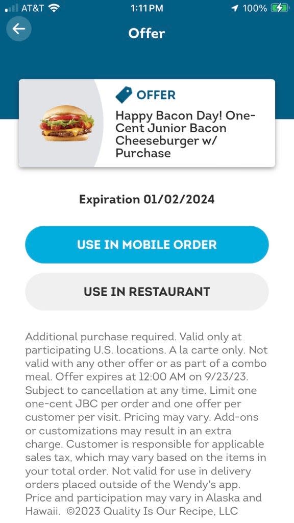 Wendy's is celebrating National Bacon Day with 1-cent Jr. Bacon Cheeseburgers from Dec. 27, 2023, through Jan. 2, 2024.
