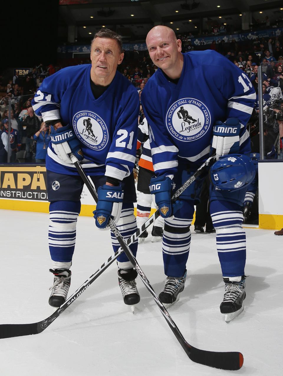 TORONTO, ON - NOVEMBER 11: (L-R) Borje Salming and Mats Sundin pose for photos following the Hall of Fame Legends Game at the Air Canada Centre on November 11, 2012 in Toronto, Canada. Sundin will be the second Swedish player inducted into the Hall on November 12, with Salming being the first. (Photo by Bruce Bennett/Getty Images)