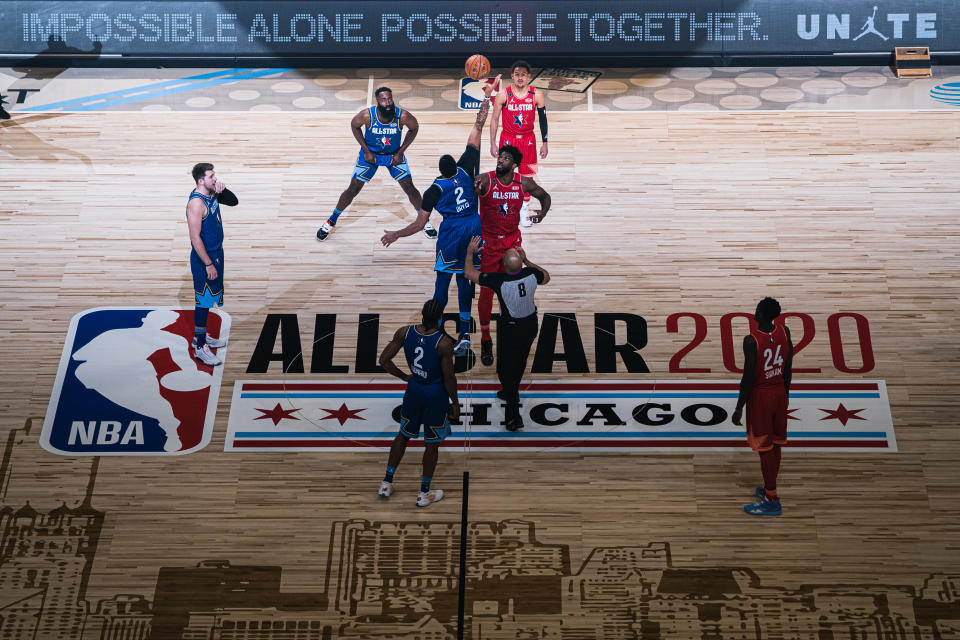 CHICAGO, ILLINOIS - FEBRUARY 16: Joel Embiid #24 of Team Giannis and Anthony Davis #2 of Team LeBron reaches for the ball during the 69th NBA All-Star Game on February 16, 2020 at the United Center in Chicago, Illinois. (Photo by Lampson Yip - Clicks Images/Getty Images)