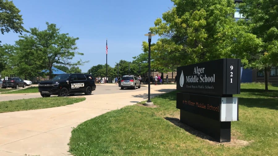 Police respond to Alger Middle School in Grand Rapids on May 21, 2024.
