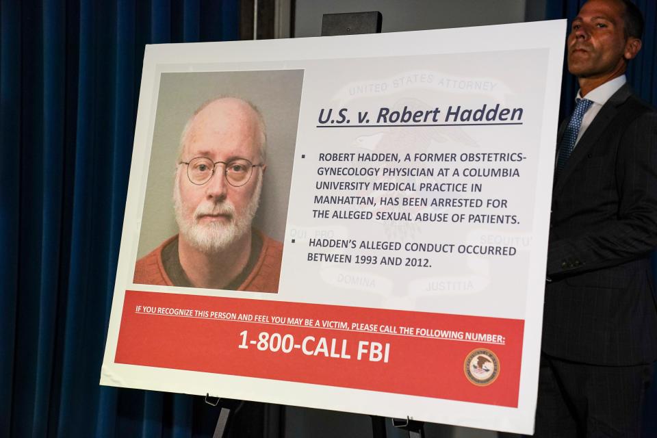 A board bearing an image of Robert Hadden is displayed before a news conference with of Audrey Strauss, Acting United States Attorney for the Southern District of New York, and William F. Sweeney Jr., Assistant Director-in-Charge of the New York Office of the Federal Bureau of Investigation, on Sept. 9, 2020, in New York.