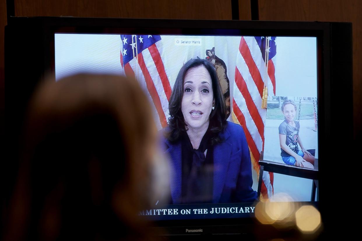 Senator Kamala Harris appeared remotely for the Supreme Court nomination hearing for Amy Coney Barrett. (Getty Images)