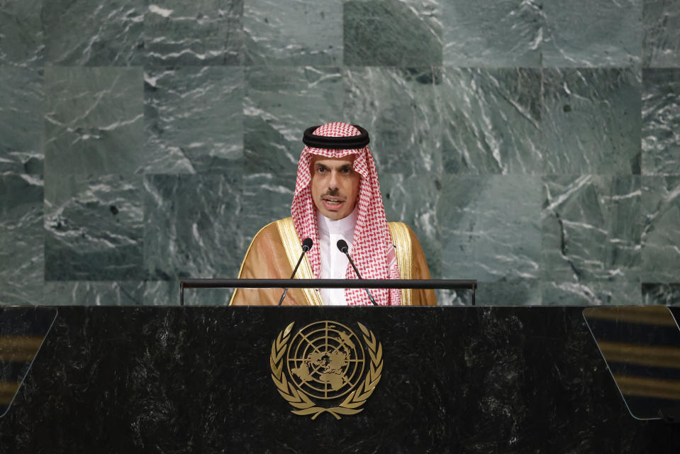 Foreign Minister of Saudi Arabia Prince Faisal bin Farhan Al Saud addresses the 77th session of the United Nations General Assembly, at U.N. headquarters, Saturday, Sept. 24, 2022. (AP Photo/Jason DeCrow)