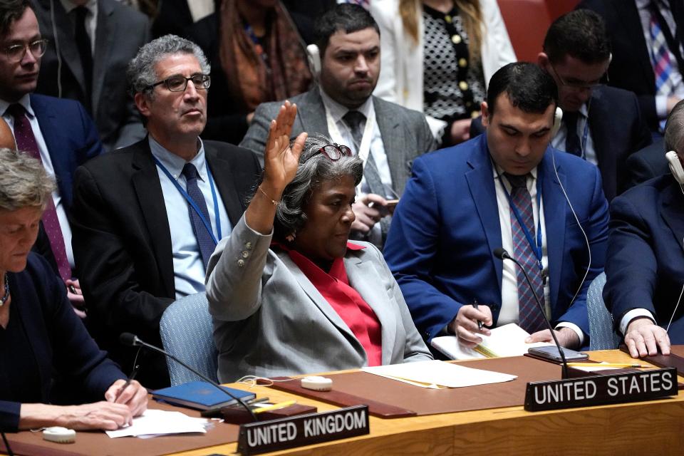 Permanent US Ambassador to the UN Linda Thomas Greenfield votes during a UN Security Council meeting for a ceasefire vote in Gaza at the United Nations headquarters on March 25, 2024, in New York City.