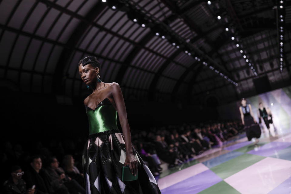 A model wears a creation as part of the Giorgio Armani Prive Haute Couture Spring-Summer 2023 collection presented in Paris, Tuesday, Jan. 24, 2023. (AP Photo/Lewis Joly)