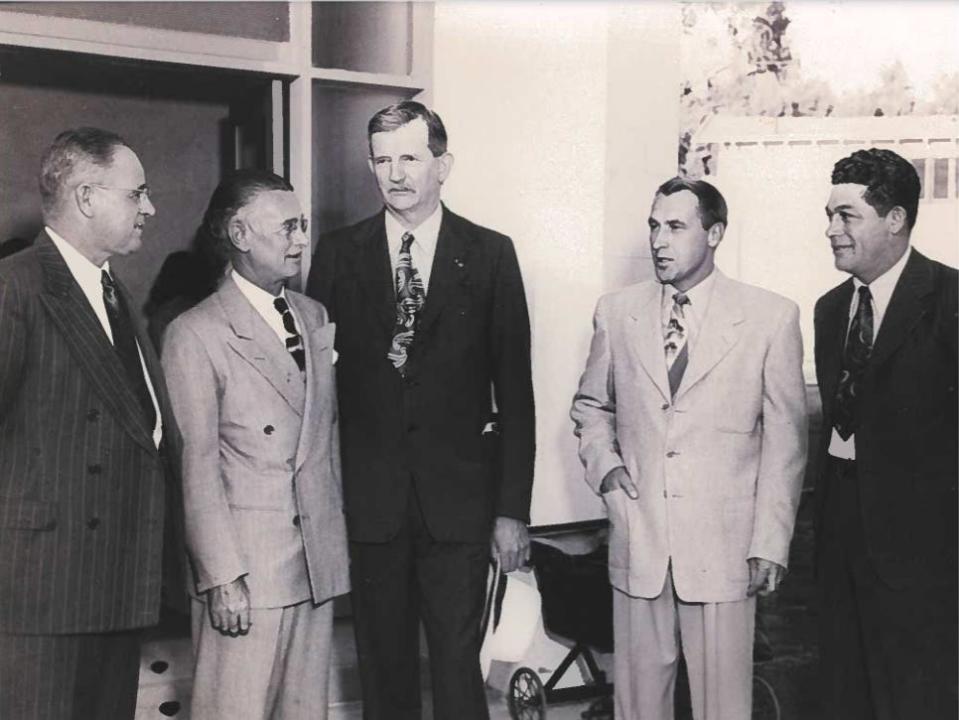 Coachella's first City Council, from left to right: Lester C. Cox, John W. Westerfield, Edwin Atwater, Lester C. True, Tomas E. Reyes