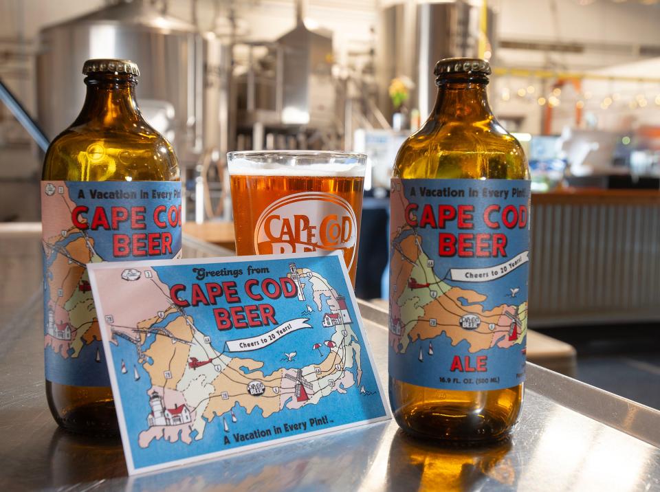 Special 20th anniversary Cape Cod Beer bottles use an old-style postcard to celebrate the company's birthday. They have also made up the cards for customers to send home while visiting Cape Cod.