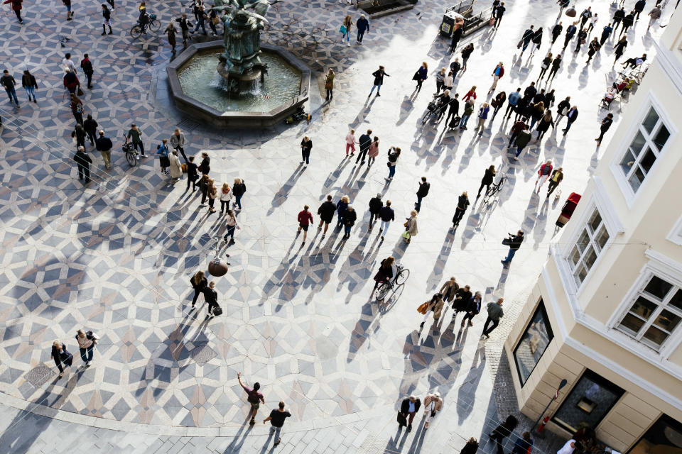 High angle view of crowd of people on the city square.