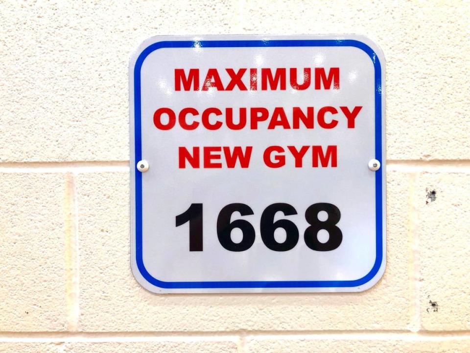 A sign hanging in Myers Park’s gym shows the maximum allowed capacity. The gym was sold out in seconds for last week’s Myers Park-North Mecklenburg state quarterfinal