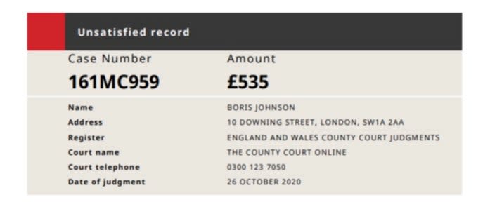 Screengrab of county court judgment against Boris Johnson, taken on 12 May 2021County courts of England and Wales