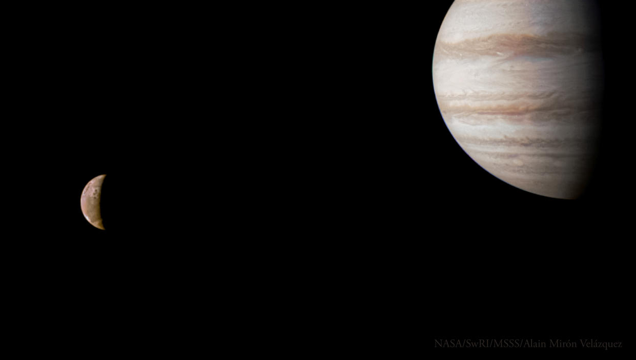  Jupiter is seen on the right side with Io on the left. In the background, the darkness of space. 