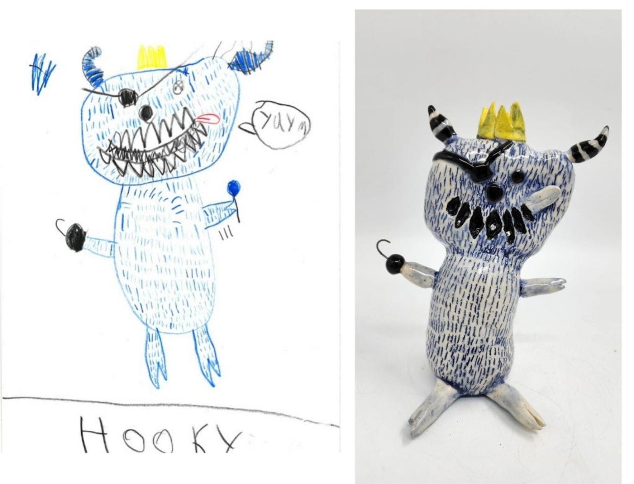 Portsmouth second grade student Vivienne Walker, 8, drew a monster named "Hooky" in her art class, which was then turned into a ceramic sculpture by a Portsmouth High School student.