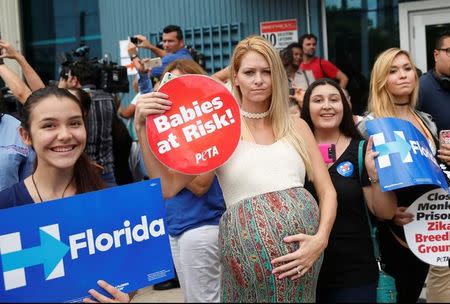 Supporters and protesters are seen outside of Borinquen Health Care Center before U.S. Democratic presidential nominee Hillary Clinton spoke about the Zika virus during a visit to the center in Miami, Florida August 9, 2016. REUTERS/Chris Keane/Files