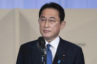 Japanese former Foreign Minister Fumio Kishida speaks after being announced the winner of the Liberal Democrat Party leadership election in Tokyo Wednesday, Sept. 29, 2021. Kishida won the governing party leadership election on Wednesday and is set to become the next prime minister, facing the imminent task of addressing a pandemic-hit economy and ensuring a strong alliance with Washington to counter growing regional security risks. (Carl Court/Pool Photo via AP)