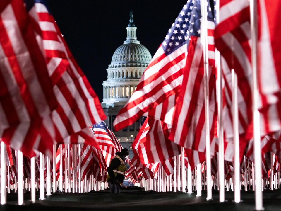 <p>A person walks through the public art display 'Field of Flags', made up of over 200,000 flags intended to represent the American people who are unable to attend the upcoming presidential inauguration</p> (EPA)