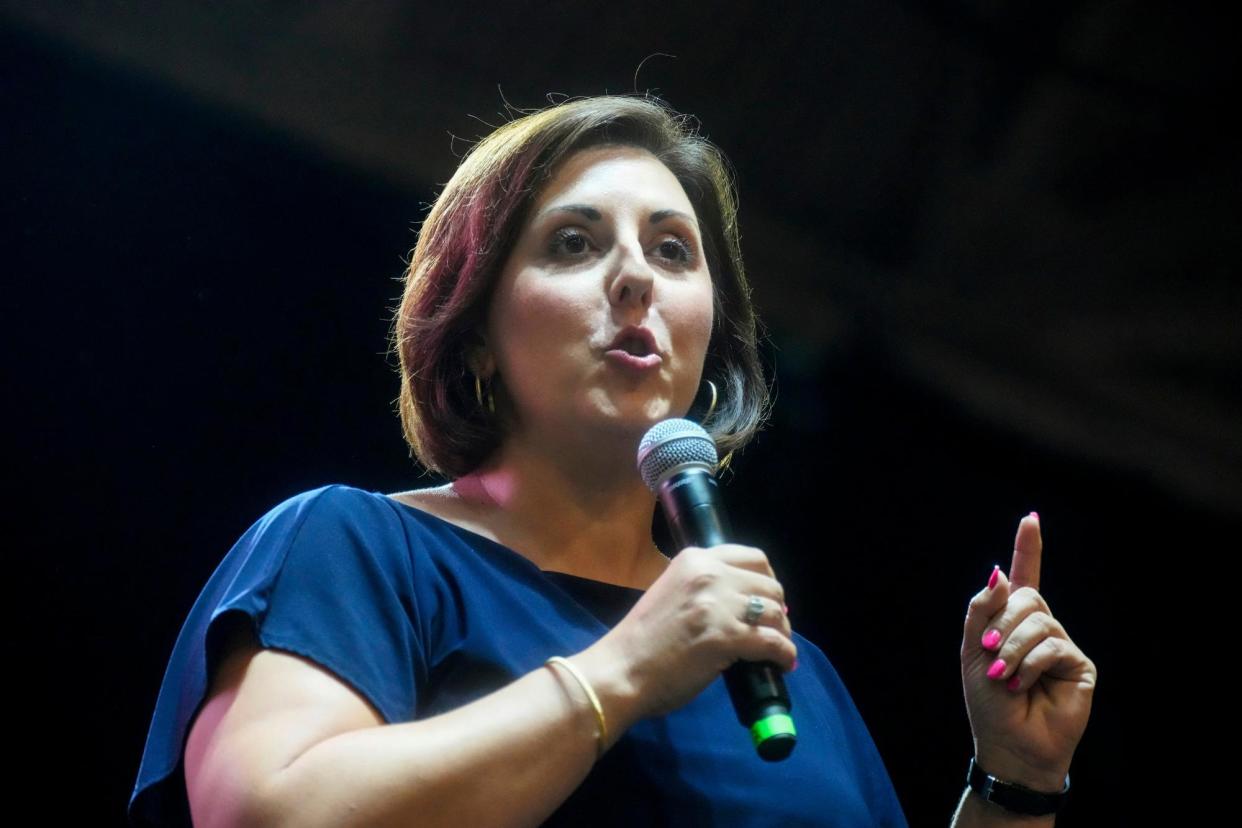 <span>Ellen Weaver speaks in Anderson, South Carolina, on 22 August 2022.</span><span>Photograph: Meg Kinnard/AP</span>