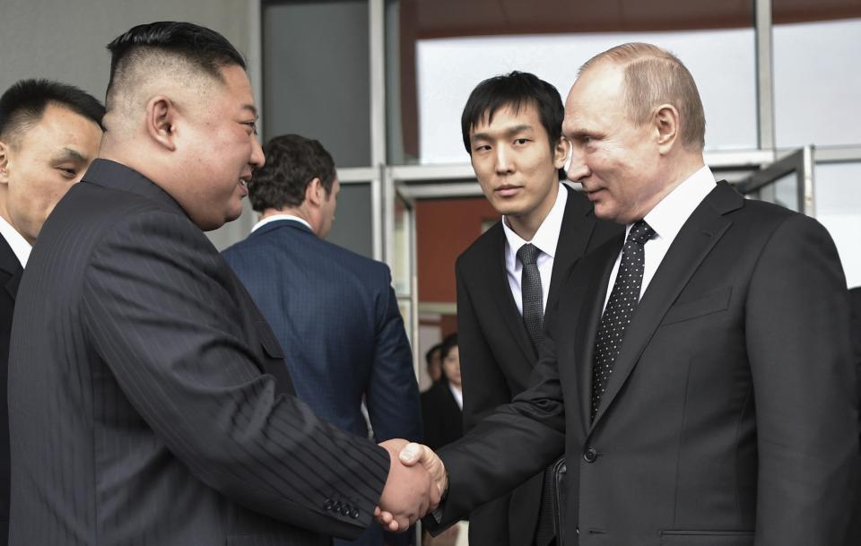 Russian President Vladimir Putin, right, and North Korea's leader Kim Jong Un shake hands after the talks in Vladivostok, Russia, Thursday, April 25, 2019. Russian President Vladimir Putin and North Korean leader Kim Jong Un said Thursday they had good talks about their joint efforts to resolve a standoff over Pyongyang's nuclear program, amid stalled negotiations with the United States. (Alexei Nikolsky, Sputnik, Kremlin Pool Photo via AP)