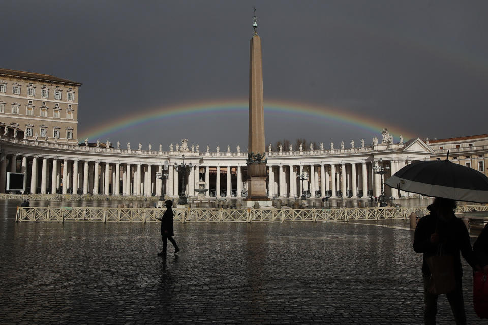FILE - A rainbow shines over St.Peter's Square at the Vatican, on Jan. 31, 2021. (AP Photo/Alessandra Tarantino, file)