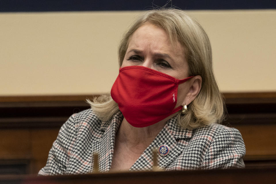 Rep. Sylvia Garcia, D-Texas, listens during a House Committee on Armed Services Subcommittee on Military Personnel, hearing about Military Criminal Investigative Organization Reform Recommendations from the Fort Hood Independent Review Committee, on Capitol Hill, Tuesday, March 16, 2021, in Washington. (AP Photo/Alex Brandon)