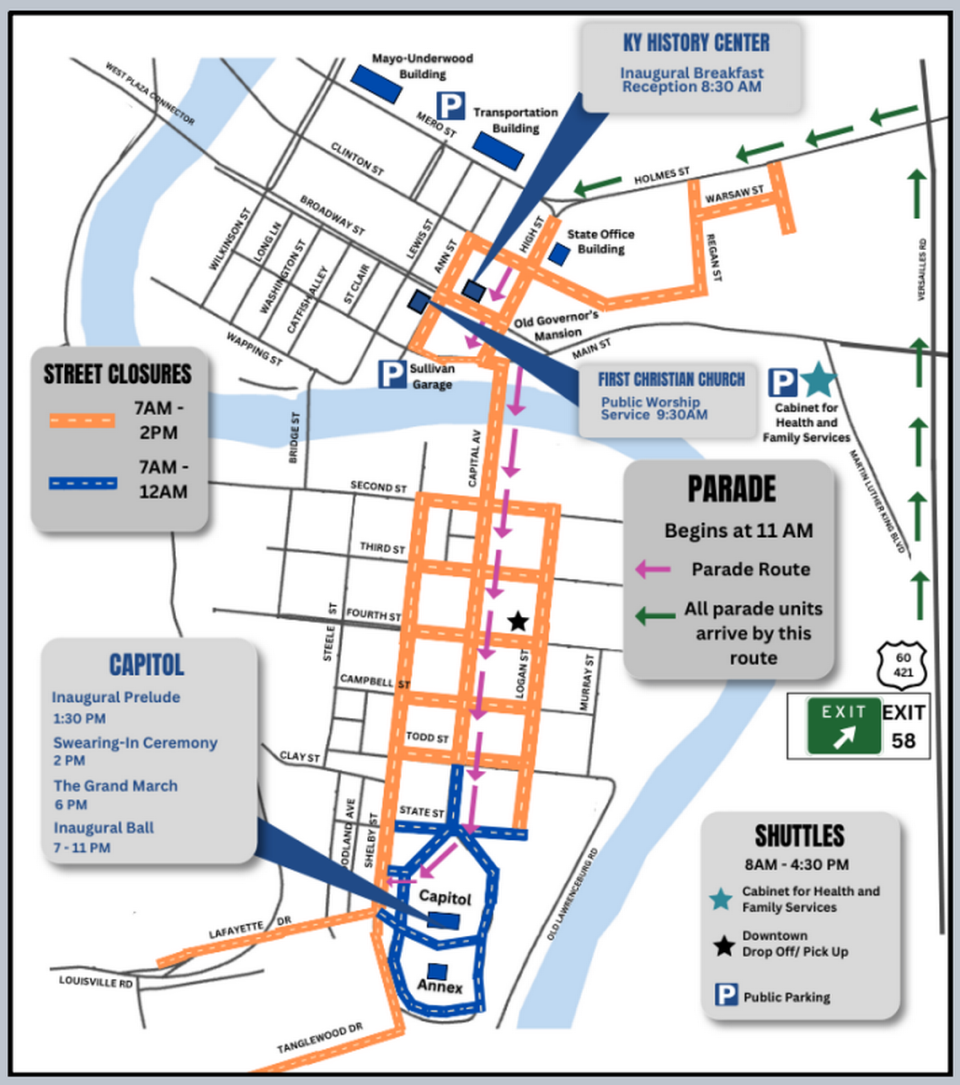 Several streets in Frankfort will be closed Tuesday, Dec. 12 for the inauguration of Gov. Andy Beshear, but public parking and a shuttle service will be made available.