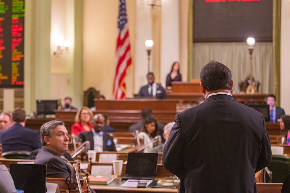 Assemblyman James Ramos speaks to the California State Assembly on May 4 about designating May as Missing and Murdered Indigenous Peoples month. (Photo: Cyrus Norcross) 