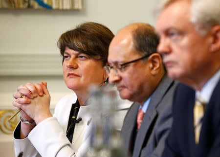 DUP leader Arlene Foster, Conservative MP Shailesh Vara and David Davis, former Secretary of State for Exiting the European Union, attend the launch of A Better Deal in London, Britain, December 12, 2018. REUTERS/Henry Nicholls