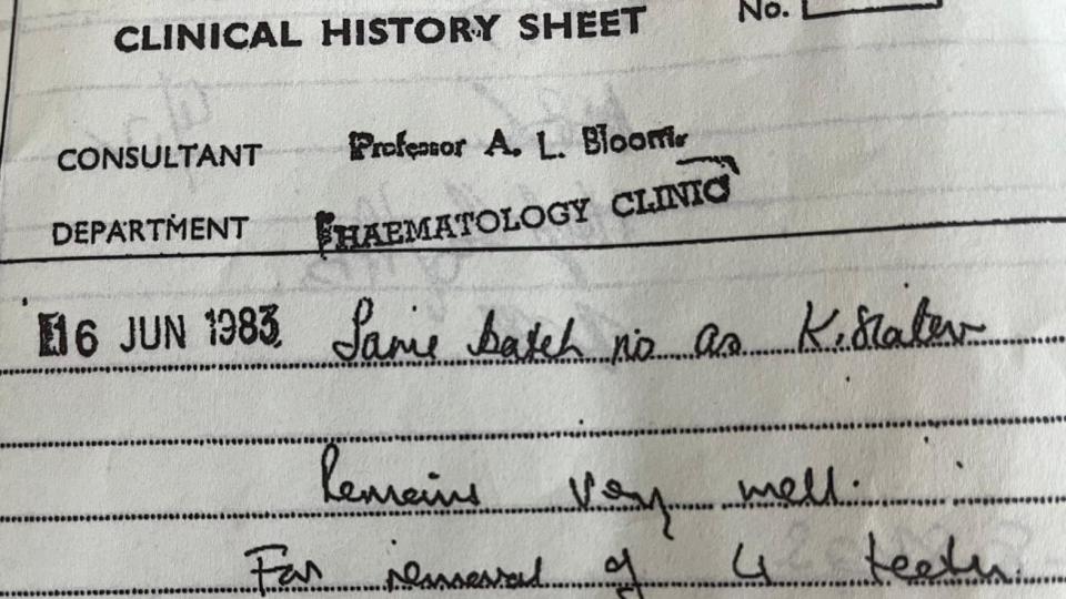 Text of medical notes reads: Clinical history sheet. Consultant Professor A Bloom. 16 Jun 1983: same back no as K. Slater