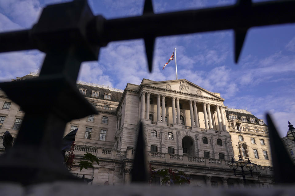 bond The Bank of England stands in the financial district of The City of London, Wednesday, Oct. 12, 2022. The pound sank against the dollar early Wednesday after the Bank of England governor confirmed the bank won't extend an emergency debt-buying plan introduced last month to stabilize financial markets.(AP Photo/Alberto Pezzali)