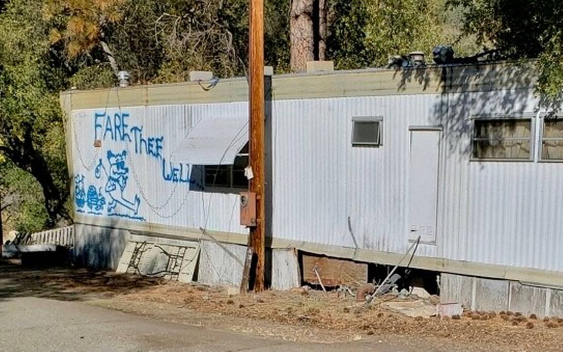 Cartoon animals and the message, “Fare thee well,” painted by former resident Chris Nishimura grace the side of one of the mobile homes that still remained in the El Portal Trailer Park in November 2022.